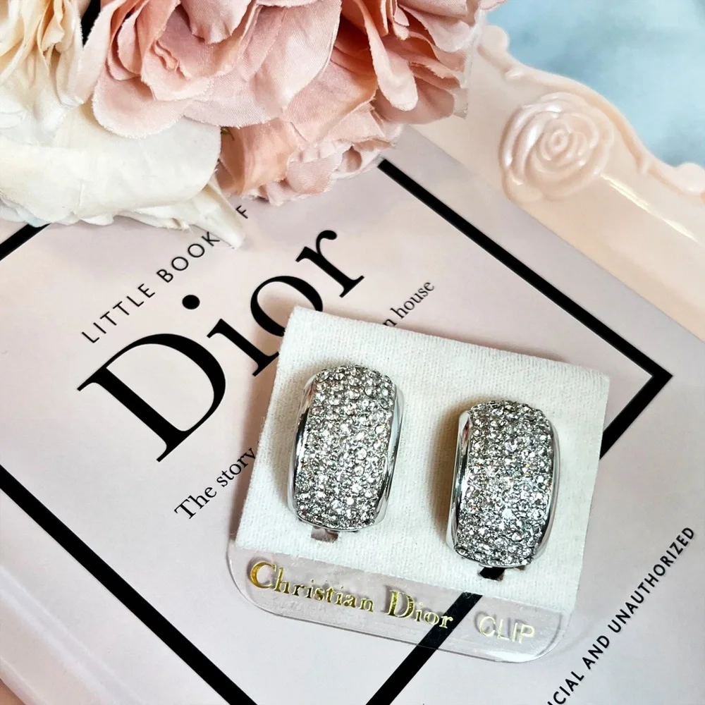 Christian Dior LARGE Pave Crystal Half Hoop Clip-On Earrings